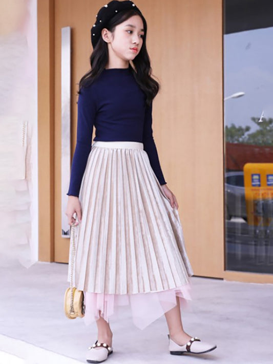 Falda Reversible Plisada de Terciopelo Dorado para Niña - Image 2