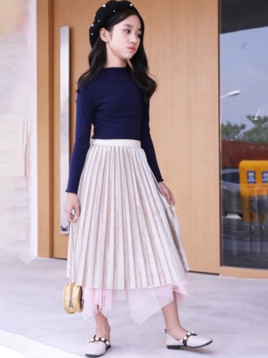 Falda Reversible Plisada de Terciopelo Dorado para Niña - Image 2