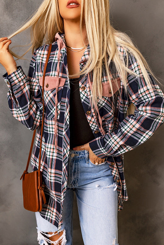 Chaqueta Cardigan de Cuadros para Mujer con Capucha y Contraste de Colores - Image 9