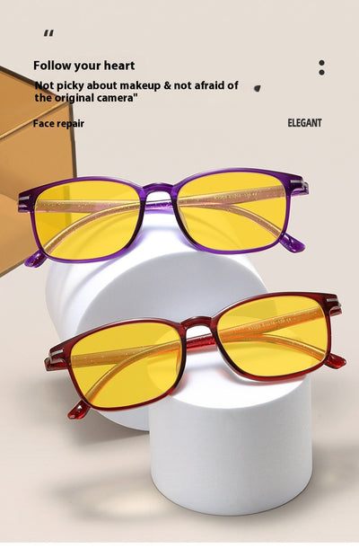 Purple frame glasses with yellow night vision lenses, featuring a subtle glitter effect on the temples. - Image 21