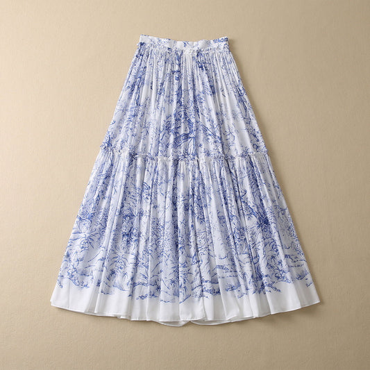 Falda Plisada Floral Azul en Algodón Ligero con Pájaros