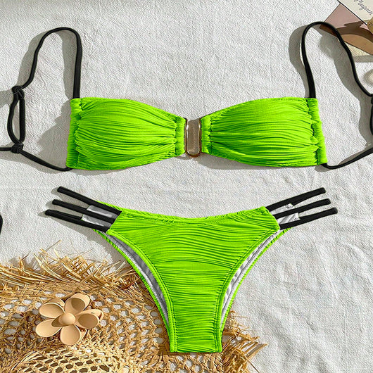 Neon green textured two-piece swimsuit with a bandeau top and high-cut bottom, featuring black straps and a gold clasp. - Image 14
