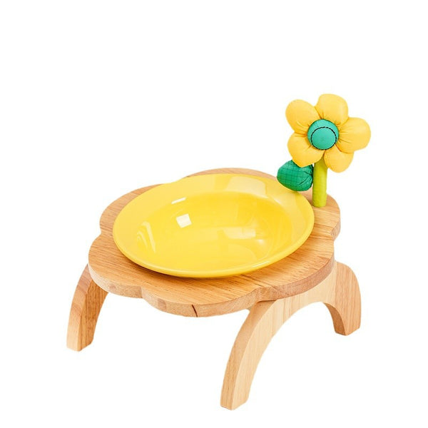 Comedero y Bebedero para Gatos con Soporte de Madera - Diseño Floral en Cerámica