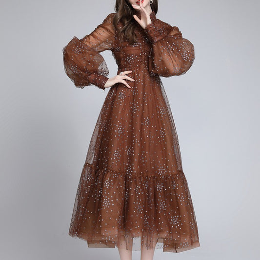 Vestido Slim Elegante con Estampado de Seda y Malla Brillante