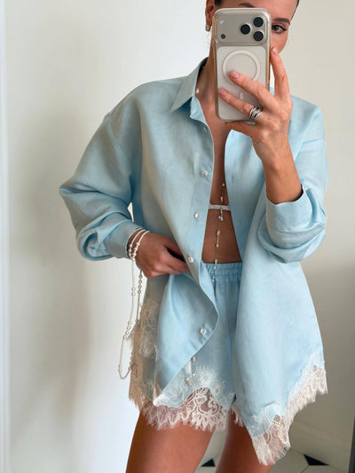 Conjunto de Camisa Manga Larga Lisa y Shorts con Paneles de Encaje - Image 12