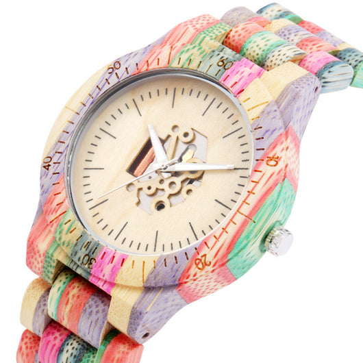 Reloj de Pulsera Bambú con Movimiento Esqueleto y Esfera Grande Colorida - Image 7