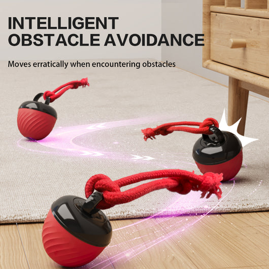 Red and black smart interactive pet toy ball with a textured swirl pattern and an attached red rope. - Image 9