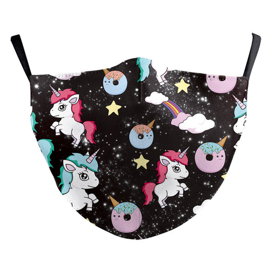Black dust mask with a whimsical print featuring white unicorns, colorful donuts, yellow stars, and rainbows. - Image 5