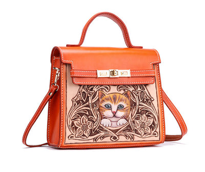 Bolso de Mano para Gatos en Cuero Genuino Grabado Artesanal - Image 3