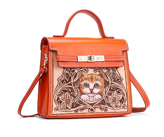 Bolso de Mano para Gatos en Cuero Genuino Grabado Artesanal - Image 3