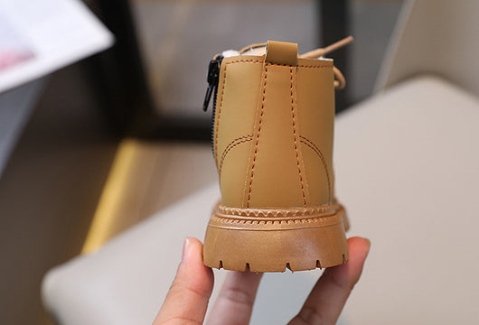 Black children's fashion Martin boots with laces and a side zipper, featuring a thick rubber sole. - Image 11