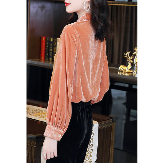 Blusa Terciopelo Dorado Cuello V Manga Larga Suelta Mujer - Image 3