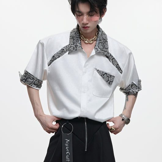 Camisa de Patchwork Cuero Serpiente con Remaches Metálicos