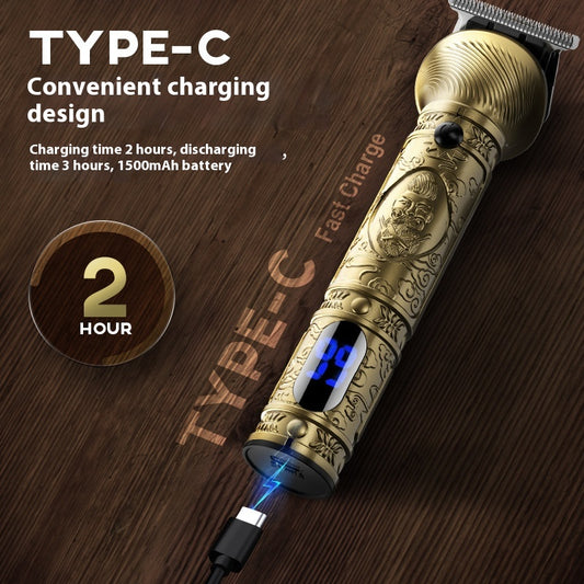 Gold retro carved electric hair clipper grooming kit with multiple trimmer heads, guide combs, cleaning brush, and USB cable.