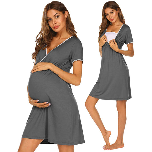 Vestido de Maternidad Elegante con Escote en V y Mangas Cortas de Encaje - Image 2