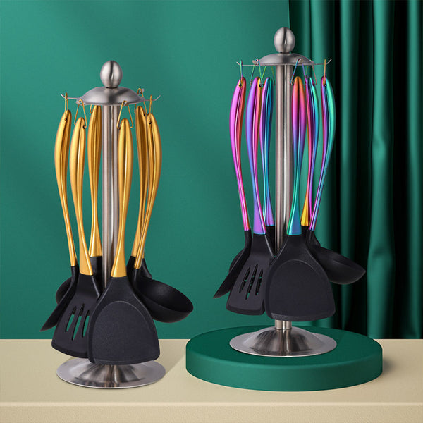 Set de 7 Piezas Sartén Antiadherente Wok con Espátula Acero Inoxidable y Soporte