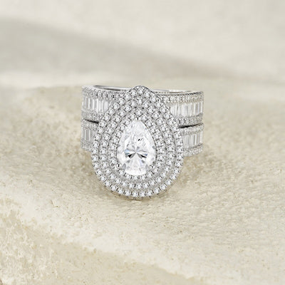 Anillo de Dos Capas con Moissanita en Forma de Pera - Conjunto Completo Incrustado - Image 5