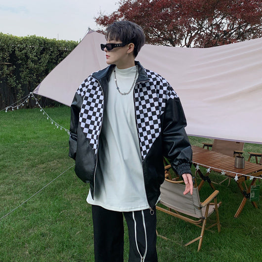 Chaqueta de Cuero PU con Costuras Tartán Blanco y Negro