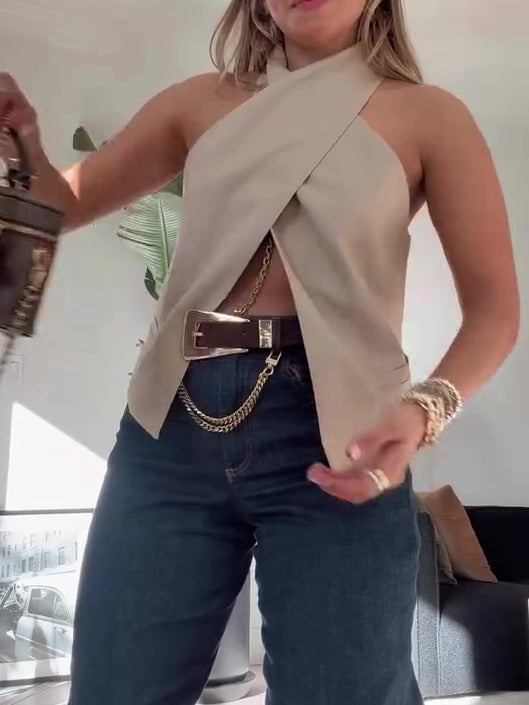 Chaleco sin Mangas con Diseño Cruzado en Khaki