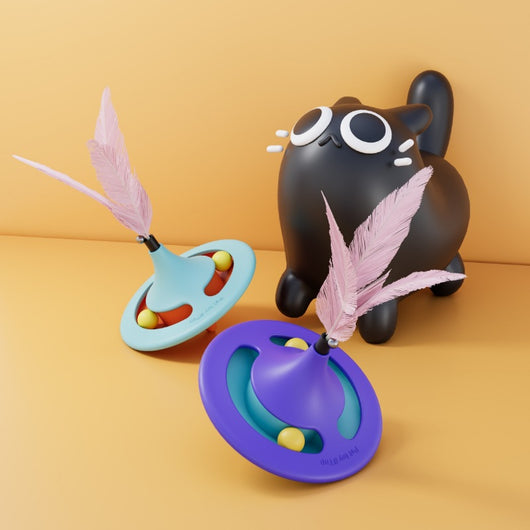 Orange and blue cat turntable toy with purple feathers, hanging from a clear suction cup on a white background. - Image 3