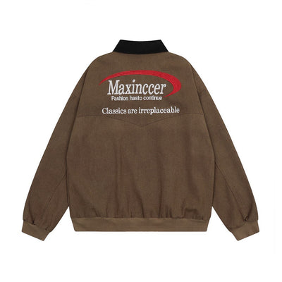 Chaqueta de Lona Retro con Cuello Solapa y Bordado de Alfabeto Americano - Image 8