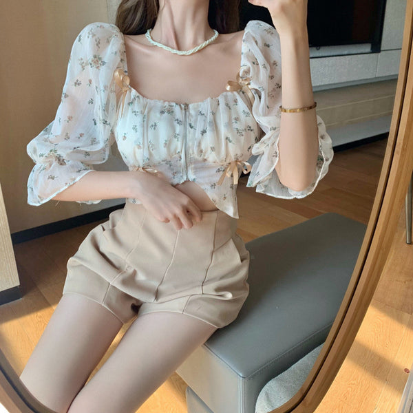 Blusa Hada Dulce con Manga Abullonada y Hombros Descubiertos en Chifón Floral