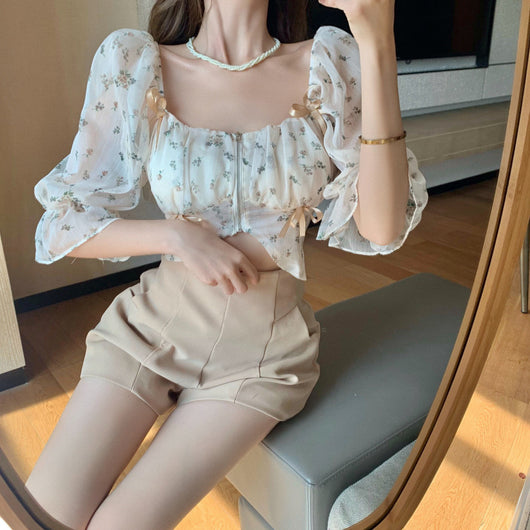 Blusa Hada Dulce con Manga Abullonada y Hombros Descubiertos en Chifón Floral - Image 2