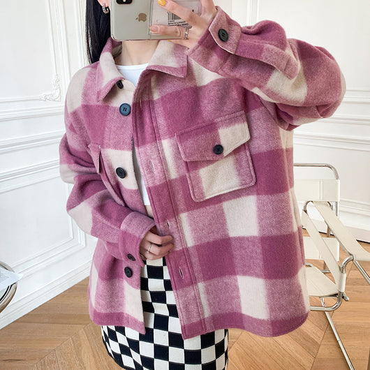 Abrigo de Lana a Cuadros Unisex con Cuello de Camisa - Diseño Holgado y Versátil