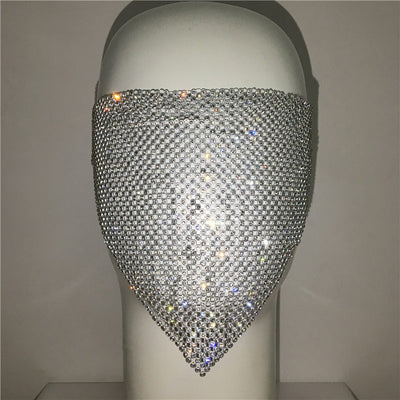 Gold rhinestone mask made of metal mesh, covering the face from the eyes to below the chin, displayed on a white mannequin head. - Image 7
