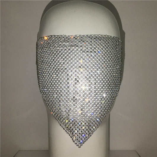 Gold rhinestone mask made of metal mesh, covering the face from the eyes to below the chin, displayed on a white mannequin head. - Image 7