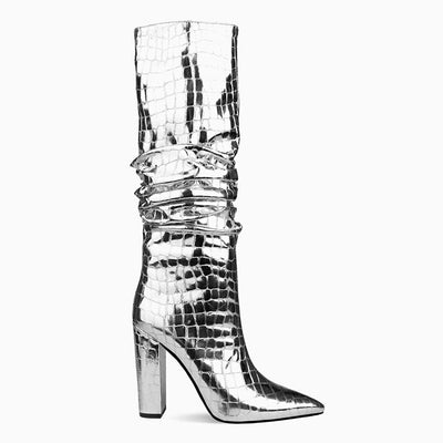 Botas Tacón Alto Grueso Caña Ancha Talla Grande con Patrón Piedra Metálica - Image 4