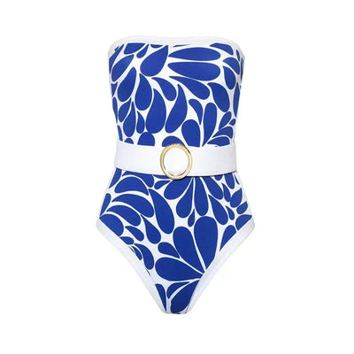 Woman in black and white floral print one-piece swimsuit with matching long-sleeved kimono cover-up and white belt. - Image 39
