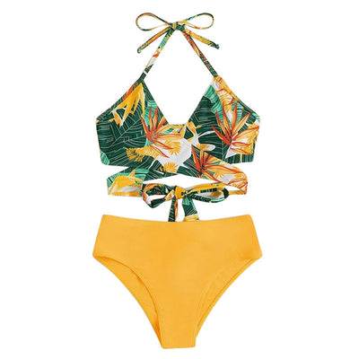 Women's two-piece swimsuit with a green, yellow, and orange tropical floral print halter top and solid yellow high-waisted bikini bottoms. - Image 5