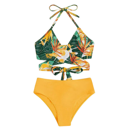 Women's two-piece swimsuit with a green, yellow, and orange tropical floral print halter top and solid yellow high-waisted bikini bottoms. - Image 5