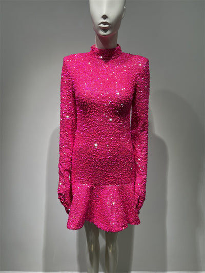 Vestido de Fiesta Rojo Rosado con Espalda Descubierta y Lentejuelas - Image 3