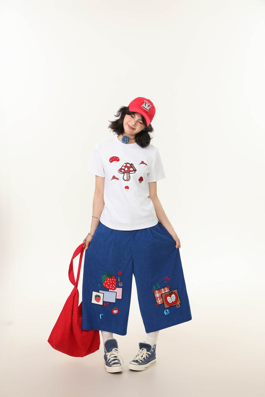 Camiseta Cuello Redondo Manga Corta con Bordado de Hongos para Mujer - Image 14