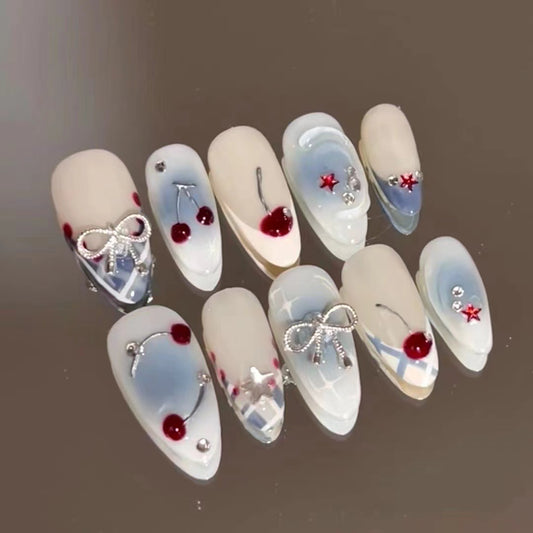Uñas Postizas Degradado Azul Francés con Moño de Cereza