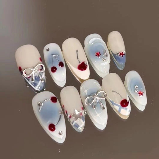 Uñas Postizas Degradado Azul Francés con Moño de Cereza