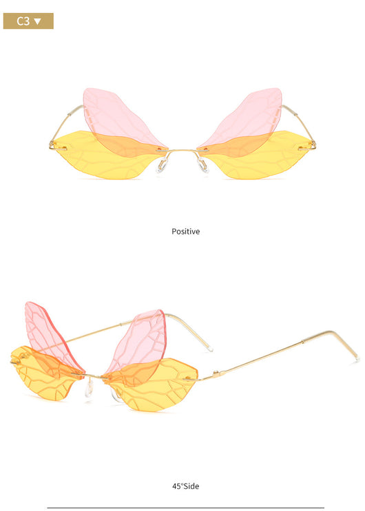 Light green rimless butterfly sunglasses with gold metal frames, featuring a unique veined lens design. - Image 22