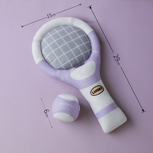 Plush dog toy set featuring a green and beige tennis racket (29cm) and a matching 6cm tennis ball. - Image 8