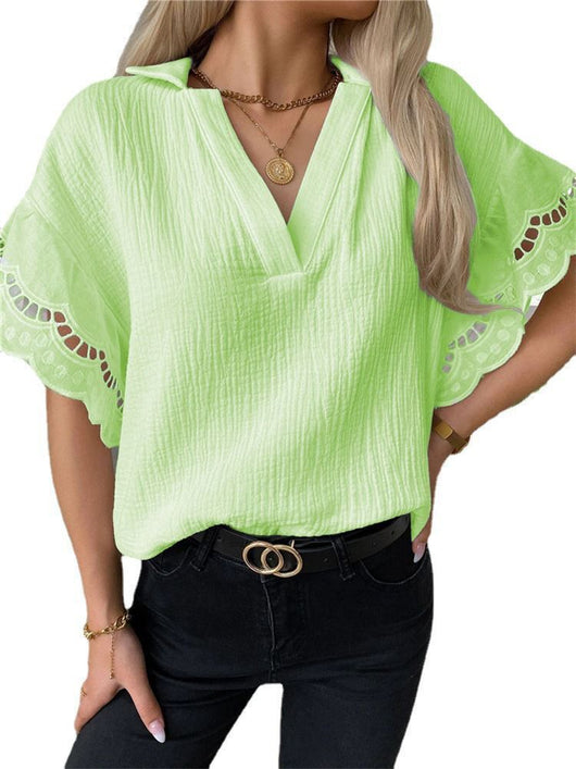 Blusa Casual de Cuello en V con Ribete de Encaje - Image 4