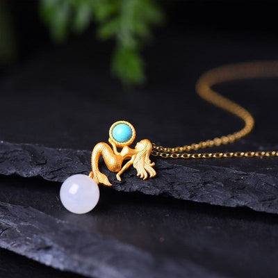 Pendiente de Plata Esterlina Dama Sirena Jade Hetian Vintage