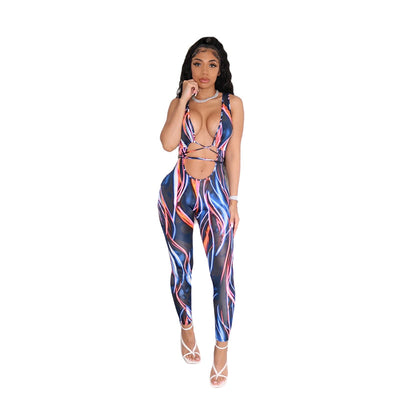 Jumpsuit Fresco de Seda Helada con Estampado y Bandas Refrescantes para Mujer - Image 9