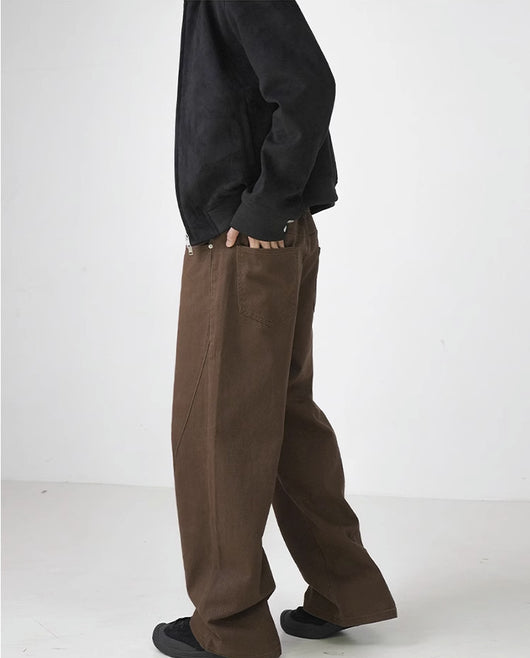 Pantalones Rectos de Algodón Lavado Estilo Retro en Marrón - Image 17