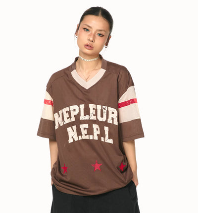 Blusa Patchwork Retro Americana Cuello V Manga Corta - Image 4