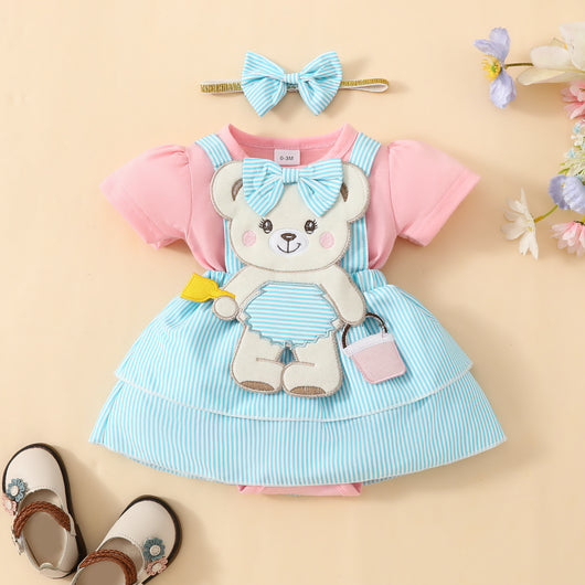Vestido Corto para Bebé con Tirantes Bordados y Osito Adorable