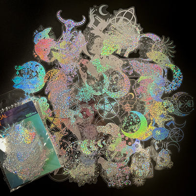 Transparent holographic butterfly laser stickers in various designs, including floral and moon elements, shown individually and in a 100-sheet pack. - Image 8