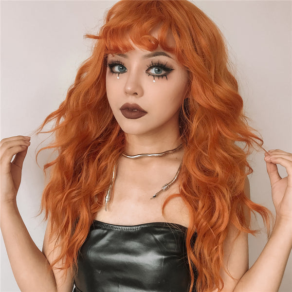 Peluca Rizada Larga Color Naranja con Flequillo