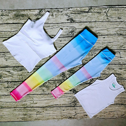 Parent-child dance fitness yoga suit with black tank tops and vibrant pink, orange, and green striped leggings. - Image 16
