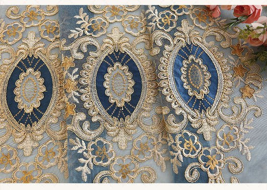 Blue sheer curtain with intricate gold and dark blue embroidery in a European classical style, draped over a window. - Image 26